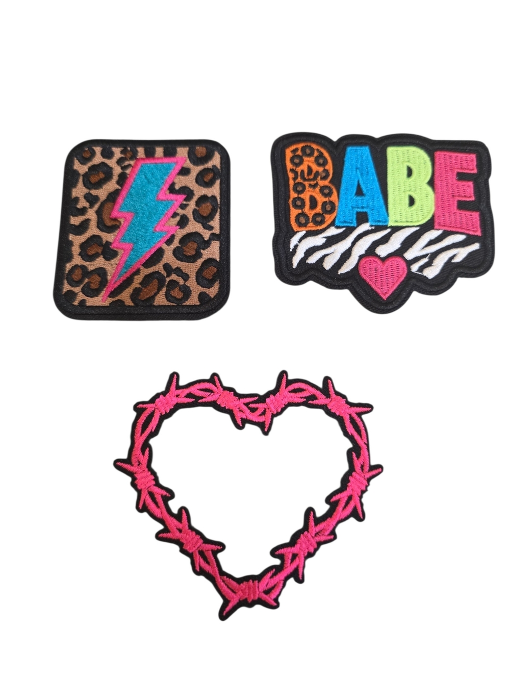 Neon Patch Set - Leopard, DABE Lettering & Pink Barbed Heart